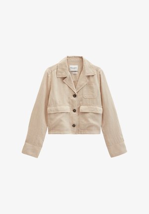 Beige, kurz geschnittene Jacke mit drei dunklen Knöpfen, drei Fronttaschen, einem Kragen und langen Ärmeln.