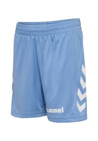 Ljusblå sportshorts med elastisk midjeresår, med vita chevronmönster på sidorna och en logotyp tryckt i vitt.