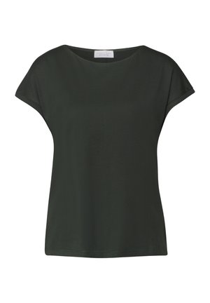 Top corto de color verde oscuro con un corte relajado y cuello redondo. Textura de tela suave con detalles mínimos.