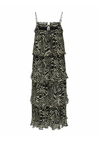 Robe zebra à rayures noires et crème avec un design à volants superposés. Dispose de fines bretelles spaghetti et d'un ourlet à volants. Tissu léger.