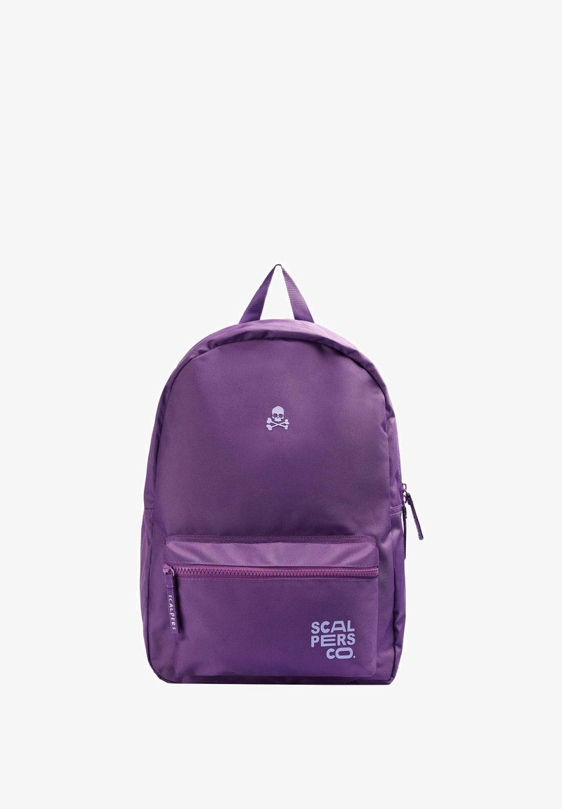 Purple nylon backpack with a rounded shape, featuring a front zip pocket and a logo. Includes a top handle and adjustable straps.