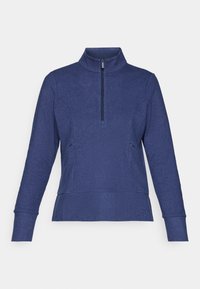 Suéter azul marino con cuello alto, media cremallera, mangas largas y bolsillos laterales. Fabricado en tejido texturizado con una silueta ajustada.