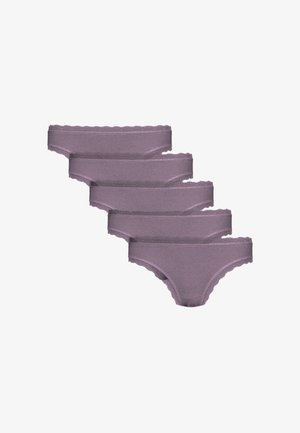 Lavender fabric panties with lace trim. Each pair features a low-rise design and seamless edges for a smooth look. Set of five.