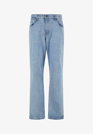 Hellblaue Denim-Jeans mit geradem Bein, fünf Taschen, Knopfverschluss und subtiler, durchgehender Ausbleichung.