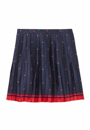 Gonna plissettata blu navy con piccoli motivi floreali bianchi e rossi e orlo rosso con strisce blu scuro.