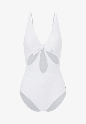 Balts viengabala peldkostīms ar dziļu V veida kakla izgriezumu, mezglota priekšpuses detaļa un izgriezumu akcenti. Iezīmē ribotu tekstūru un gludu apdari.