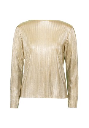 Maglia a maniche lunghe in tessuto oro lucido e ribattuto. Presenta un collo a barca e una vestibilità rilassata. La superficie testurizzata aggiunge interesse visivo.