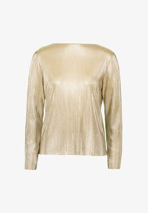 Maglia a maniche lunghe in tessuto oro lucido e ribattuto. Presenta un collo a barca e una vestibilità rilassata. La superficie testurizzata aggiunge interesse visivo.