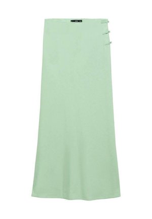 Light green maxi skirt made from a smooth fabric. Features a straight cut and three decorative buttons on the left side.