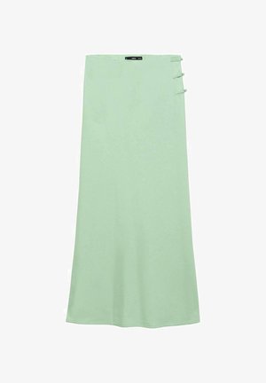 Light green maxi skirt made from a smooth fabric. Features a straight cut and three decorative buttons on the left side.
