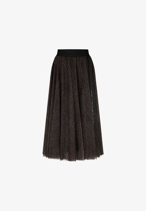 Brown and black patterned midi skirt with a black elastic waistband and vertical black stripe detail on one side.
