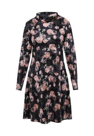Črna cvetlična obleka z dolgimi rokavi, ki ima obliko cowl vratu. Mehka žametna tekstura z rožnatimi in zelenimi cvetličnimi vzorci.