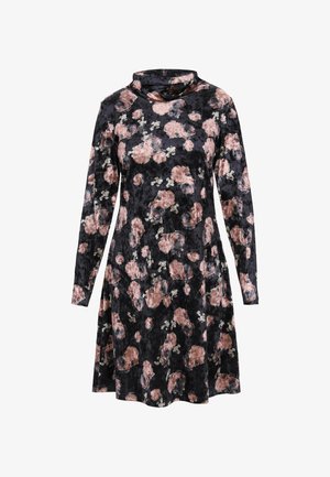 Črna cvetlična obleka z dolgimi rokavi, ki ima obliko cowl vratu. Mehka žametna tekstura z rožnatimi in zelenimi cvetličnimi vzorci.