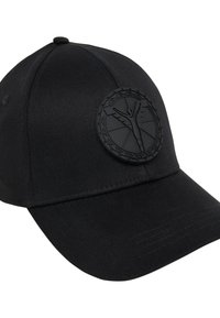 Black baseball cap with a textured fabric, featuring a round black rubber logo patch on the front, and a curved visor.