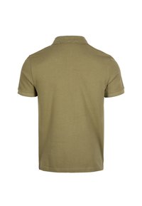 Khaki polo skjorte, korte ærmer, ribbet krave, glat tekstur, lige kant, minimal detaljer, standard pasform.