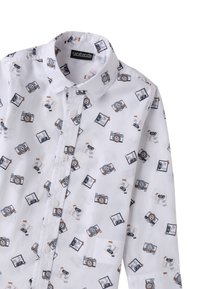 Camicia bianca con bottoni, caratterizzata da un motivo di piccole macchine fotografiche e foto in pellicola in tonalità blu, marrone e grigio. Realizzata in tessuto liscio con colletto.