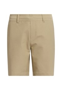 Pantalones cortos de algodón beige con bolsillos frontales, una cinturilla plana y un corte recto. Textura suave con detalles de costura sutil.