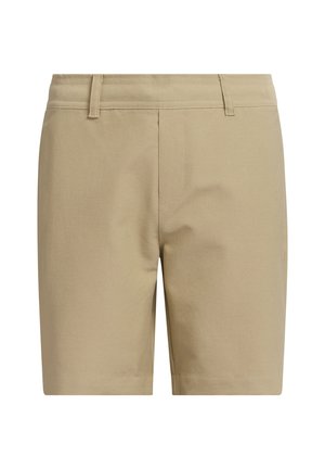Beige Baumwollshorts mit vorderen Taschen, flachem Bund und geradem Schnitt. Glatte Textur mit dezenten Stickdetails.