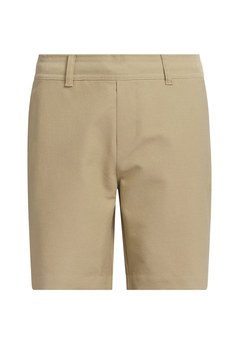 Beige Baumwollshorts mit vorderen Taschen, flachem Bund und geradem Schnitt. Glatte Textur mit dezenten Stickdetails.