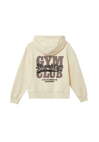 Crème kleurige sweatshirt met capuchon en een ontspannen pasvorm, met op de achterkant opvallende zwart en bruine graphic tekst: "GYM Brooklyn CLUB."