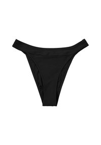 Bas de bikini noir en tissu texturé avec un motif en zigzag subtil, conception taille basse et couverture minimale. Bords et coutures lisses.