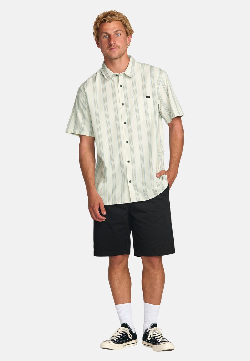 Kurzärmliges Hemd mit Knöpfen in Hellgrün mit weißen und blauen vertikalen Streifen, kombiniert mit schwarzen Shorts und schwarzen Sneakers.