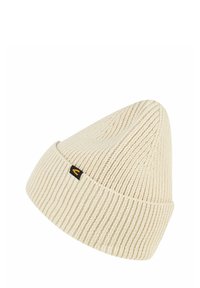 Cream knitted beanie with a ribbed texture, tapered crown, and a small black logo tag on the cuff. Measures approximately 25 cm in height.