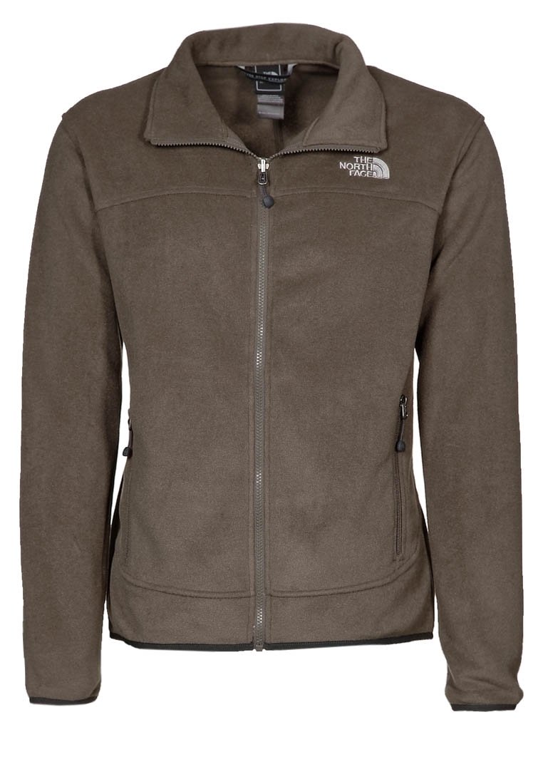 Brązowa polarowa kurtka z pełnym zamkiem, wysokim kołnierzem i dwiema bocznymi kieszeniami. Z logo na lewej piersi. Miękka tekstura, casualowy design.
