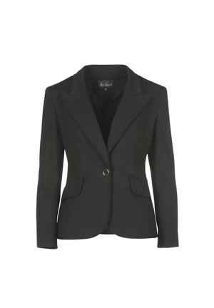 Blazer noir au design cintré, avec un col cranté et deux poches avant. Présente une fermeture à un bouton et une texture de tissu lisse.