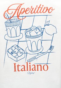 Εικονογράφηση ιταλικού απερίτιβο με δύο ποτά, ένα λεμόνι, ελιές, ένα πιρούνι και τις λέξεις «Aperitivo Italiano» σε καρό φόντο.