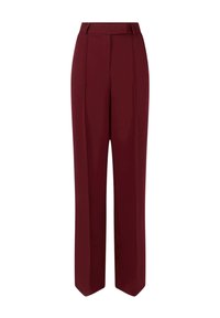 Pantalon large bordeaux en tissu texturé. Dispose d'une taille haute et de plis au centre de chaque jambe. Design sur mesure.