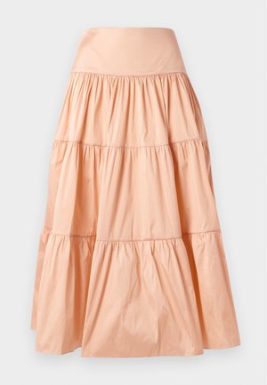 Pfirsichfarbene, gestufte Rock aus leichtem Material. Verfügt über einen breiten Bund und eine weiche, geraffte Textur im gesamten Rock.