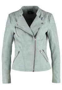 Veste motard en faux daim vert menthe avec fermeture éclair asymétrique sur le devant, accents matelassés aux épaules et deux poches latérales zippées.