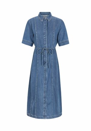 Denim suknelė su trumpomis rankovėmis, apykakle, priekyje užsegama mygtukais ir diržo juosmeniu. Apipavidalinta vertikaliomis siūlėmis.