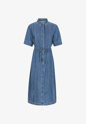 Jeansjurk met korte mouwen, een kraag, een voorknopsluiting en een ceintuur in de taille. Heeft verticale stikdetails.