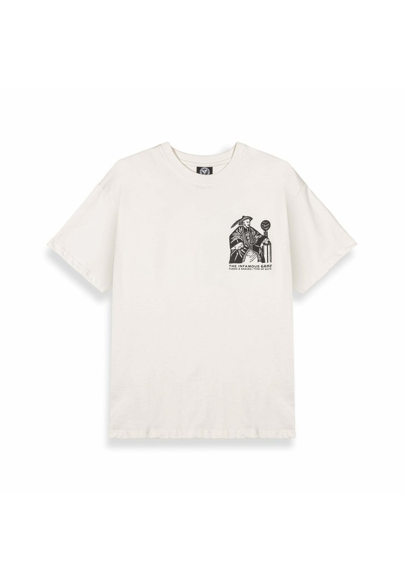 Weißes Baumwoll-T-Shirt mit kurzen Ärmeln. Das Shirt hat einen schwarzen Grafikdruck auf der linken Seite, der zwei Figuren und einen Text darunter zeigt.