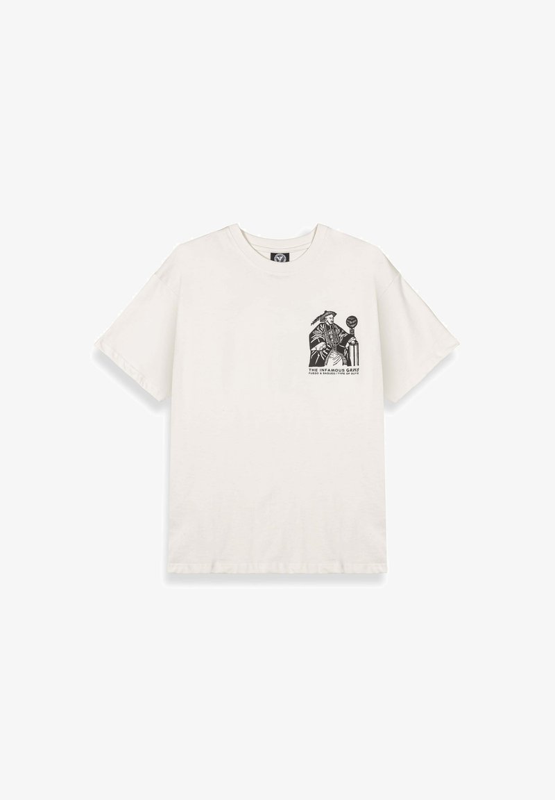 Weißes Baumwoll-T-Shirt mit kurzen Ärmeln. Das Shirt hat einen schwarzen Grafikdruck auf der linken Seite, der zwei Figuren und einen Text darunter zeigt.
