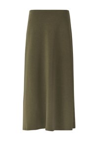 Een knielange, olijfgroene rok van zacht materiaal, met een gladde textuur, subtiele val en een lichte zijsplit.