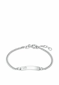 Srebrna bransoletka łańcuszkowa z płaską płytką ID na środku, o gładkiej fakturze i z zapięciem na zatrzask.