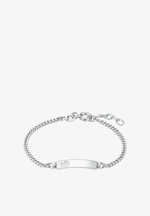 Pulsera de cadena de plata con una placa de identificación plana en el centro, con una textura suave y un cierre de langosta para su sujeción.