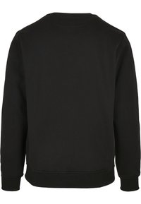 Sweat-shirt noir à manches longues avec col rond, poignets et ourlet côtelés, vu de dos sur fond blanc.