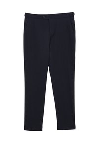 Marineblaue Hose aus glattem Stoff mit Knopfverschluss, zwei Seitentaschen und tailliertem Bein.