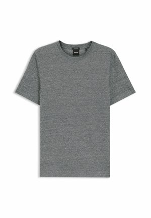 T-shirt gris uni à manches courtes avec col rond, posé à plat, confectionné en tissu doux avec une étiquette de marque noire au niveau de l'encolure.