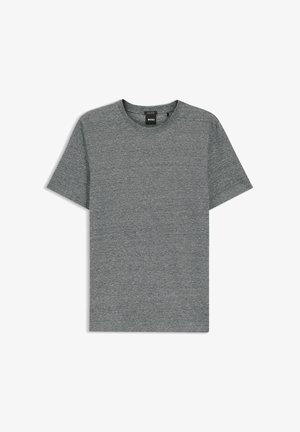 T-shirt gris uni à manches courtes avec col rond, posé à plat, confectionné en tissu doux avec une étiquette de marque noire au niveau de l'encolure.