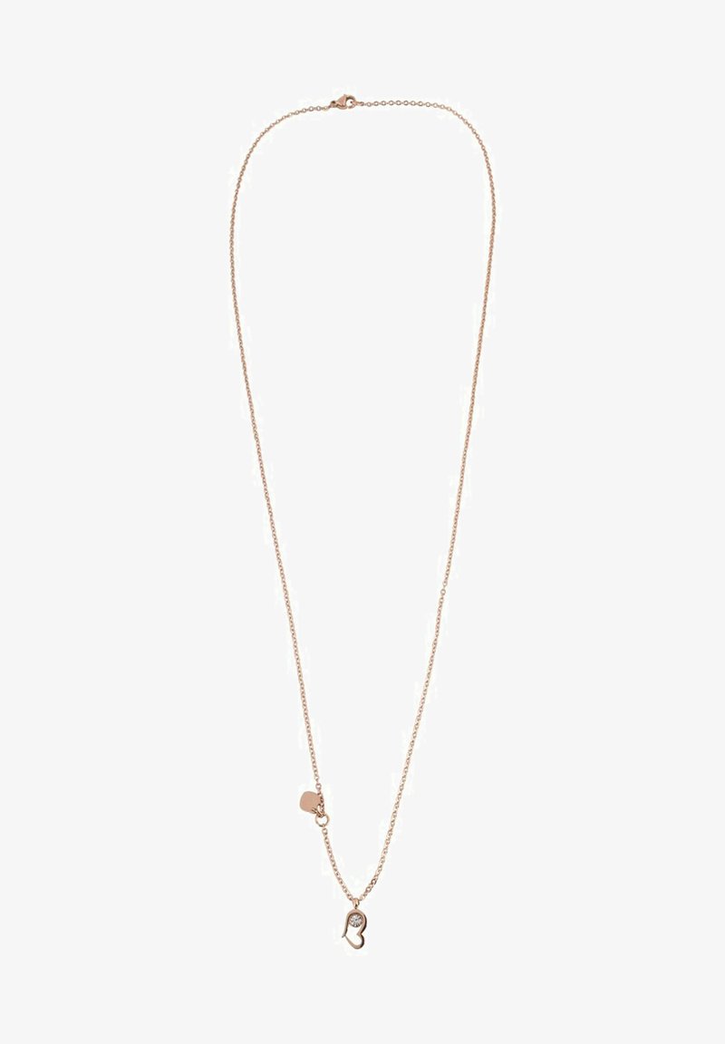 Rosegold-Halskette mit einer zarten Kette, die einen Herzanhänger mit einem kleinen Kristallakzent und einem zusätzlichen Charm in der Nähe des Verschlusses umfasst.