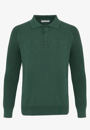 Polo a maniche lunghe in maglia di colore verde scuro con tre bottoni e polsini e orlo a coste.