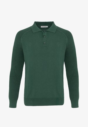 Polo a maniche lunghe in maglia di colore verde scuro con tre bottoni e polsini e orlo a coste.
