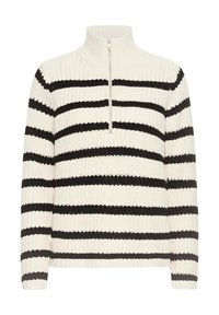 Pletený pulóver s polovičným zipsom a krkom, s horizontálnymi čierno-bielymi pruhmi, textúrovaným povrchom a dlhými rukávmi.