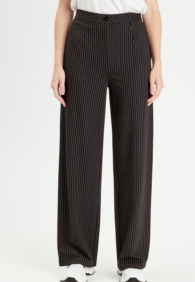 Pantalons noirs à jambes larges avec des rayures verticales blanches, taille ajustée et deux poches avant ; tissu lisse avec une texture subtile.