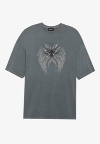 Grey cotton t-shirt with short sleeves and a crew neck. Features a graphic print of detailed wings in white and black on the front.